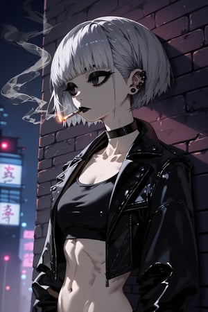 score_9, score_8, score_7, 1girl, solo, big eyes short silver hair, ear piercing, black lipstick, big_boobs, goth, tall, leather_jacket, choker, upper body, bangs on both sides of the face, black crop top, mouth closed, (looking away), smoking a cigarette, outdoor, (night city corner background), leanin on wall, viewed_from_side, dimly lit, sagawa, scenery, toned stomach, black eyes, bob hairstyle, detailed character, thick eyeliner, wide body