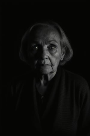 solo, (looking at viewer), facing viewer, surrounded by darkness, fully dark background, emerges from backgorund darkness, slightly lightened face, camera is the weak light source, realistic, old woman, standing still, menacing, unsettling, monochrome, upper body