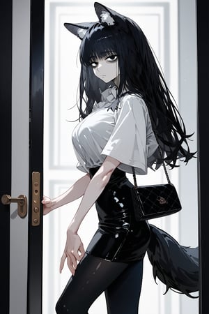 score_9, score_8, score_7, curvy, 1girl, solo, curvy, tall, big blue eyes, long, dark hair, tired, (long grey formal jacket), big_boobs, (holding a handbag), pale skin, fluffy animal ears, white fluff, black wolf ears, black dog tail, (white formal shirt)), bang, knee long pencil skirt, black tights, mouth closed, (looking at viewer), indoor, (apartment entrance door background), viewed_from_side, sagawa, detailed character,Minimalism interior