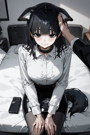 score_9, score_8, score_7, curvy, 1girl, solo, curvy, tall, big blue eyes, long, dark hair, tired, blushing, smiling seductively, big_boobs, pale skin, black dog collar, sitting on bed, fluffy animal ears, (white fluff), black wolf ears, black dog tail, ((white formal shirt)), long sleeves, bang, pov giving a headpat ,viewer's hand on hair,knee long pencil skirt, black tights, mouth closed, (looking at viewer), indoor, (apartment bedroom), from above, viewed_from_side, sagawa, detailed character,Minimalism interior, pov hands