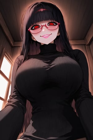 1girl, solo, looking at viewer, blush, shoulder-long hair, bangs, large breasts, black hime cut, (red eyes), dark night room, lust, long sleeves, leaning for the kiss, closed mouth, upper body, black round glasses, indoors, white pupils, sweater, lips, turtleneck, looking down, from below, semi-rimless eyewear, ribbed sweater, red-framed eyewear, under-rim eyewear, turtleneck sweater, black sweater, ceiling, ((seductive look)), lustfull, yandere, (sexy), crazy eyes, obsessed, possessive,dark room, wooden cabin, loving eyes, messy hair, (pinning down viewer), (sinister smile), extreme close up, lie on top of viewer pov, gentle smile, pov form below, scenery,((on top of viewer)), simple background, detailed character, beautiful,eyes half closed, curvy, milf, blushing, (smug),Expressiveh,m0n3t,mirham,Beautiful Eyes,Eyes,uneven eyes,sagawa