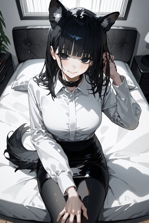 score_9, score_8, score_7, curvy, 1girl, solo, curvy, tall, big blue eyes, long, dark hair, tired, blushing, smiling seductively, big_boobs, pale skin, black dog collar, sitting on bed, fluffy animal ears, (white fluff), black wolf ears, black dog tail, ((white formal shirt)), long sleeves, bang, pov giving a headpat ,viewer's hand on hair,knee long pencil skirt, black tights, mouth closed, (looking at viewer), indoor, (apartment bedroom), from above, viewed_from_side, sagawa, detailed character,Minimalism interior, pov hands