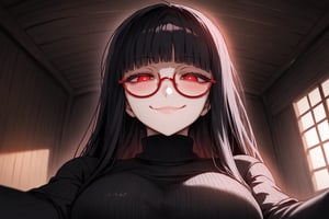 1girl, solo, looking at viewer, blush, shoulder-long hair, bangs, large breasts, black hime cut, (red eyes), dark night room, lust, long sleeves, leaning for the kiss, closed mouth, upper body, black round glasses, indoors, white pupils, sweater, lips, turtleneck, looking down, from below, semi-rimless eyewear, ribbed sweater, red-framed eyewear, under-rim eyewear, turtleneck sweater, black sweater, ceiling, ((seductive look)), lustfull, yandere, (sexy), crazy eyes, obsessed, possessive,dark room, wooden cabin, loving eyes, messy hair, (pinning down viewer), (sinister smile), extreme close up, lie on top of viewer pov, gentle smile, pov form below, scenery,((on top of viewer)), simple background, detailed character, beautiful,eyes half closed, curvy, milf, blushing, (smug),Expressiveh,m0n3t,mirham,Beautiful Eyes,Eyes,uneven eyes,sagawa