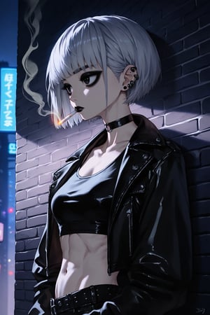 score_9, score_8, score_7, 1girl, solo, big eyes short silver hair, ear piercing, black lipstick, big_boobs, goth, tall, leather_jacket, choker, upper body, bangs on both sides of the face, black crop top, mouth closed, (looking away), smoking a cigarette, outdoor, (night city corner background), leanin on wall, viewed_from_side, dimly lit, sagawa, scenery, toned stomach, black eyes, bob hairstyle, detailed character, thick eyeliner, wide body