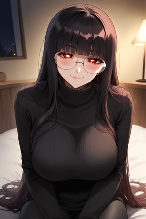 1girl, solo, looking at viewer, blush, (shoulder-long hair), bangs, large breasts, black hime cut, (red eyes), dark night room, long sleeves, closed mouth,black tights, sweather dress, black round glasses, indoors, white pupils, sweater, lips, turtleneck, semi-rimless eyewear, ribbed sweater, red-framed eyewear, under-rim eyewear, turtleneck sweater, black sweater, ((innocent look)), yandere, (sexy), affectionate, dark room, wooden cabin, loving eyes, messy hair, (sitting on the side of a bed), gentle smile,  simple background, detailed character, beautiful,eyes half closed, curvy, milf, blushing, (smug), mirham,Beautiful Eyes,Eyes,uneven eyes,sagawa