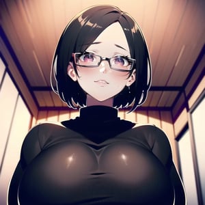 1girl, female, short hair, black hair, (yandere), black sweater, comfy clothes, beautiful face, cute, looking at viewer, soft lips, red eyes, seductive look, soft smile, happy, red hair clipper, chubby face, round face, round big glasses, innocent, big breasts, curvy, indoor background, wooden cabin, wooden walls, 