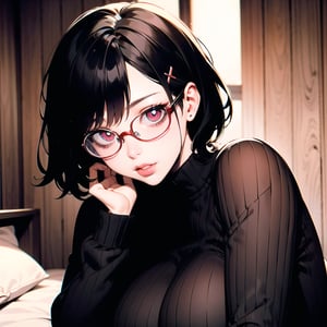 1girl, female, short hair, black hair, (yandere), black sweater, comfy clothes, beautiful face, cute, looking at viewer, soft lips, red eyes, seductive look, soft smile, happy, red hair clipper, chubby face, round face, round big glasses, innocent, big breasts, curvy, indoor background, wooden cabin, wooden walls, on a bed, round_eyewear,MeikoDef