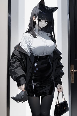 score_9, score_8, score_7, curvy, 1girl, solo, curvy, pale cold skin, tall, big blue eyes, long, dark hair, tired, (long grey formal jacket), big_boobs, (holding a handbag), fluffy animal ears, white fluff, black wolf ears, black dog tail, (white formal shirt)), bang, knee long pencil skirt, black tights, mouth closed, (looking at viewer), indoor, (apartment entrance door background), viewed_from_side, sagawa, detailed character,Minimalism interior