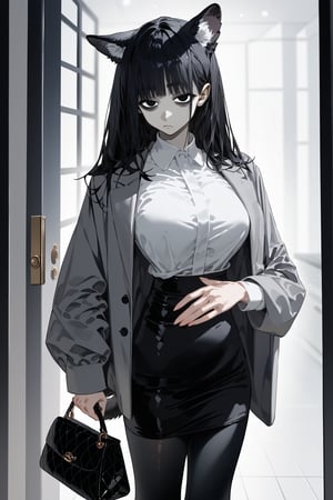 score_9, score_8, score_7, curvy, 1girl, solo, curvy, tall, big blue eyes, long, dark hair, tired, (long grey formal jacket), big_boobs, (holding a handbag), pale skin, fluffy animal ears, white fluff, black wolf ears, black dog tail, (white formal shirt)), bang, knee long pencil skirt, black tights, mouth closed, (looking at viewer), indoor, (apartment entrance door background), viewed_from_side, sagawa, detailed character,Minimalism interior