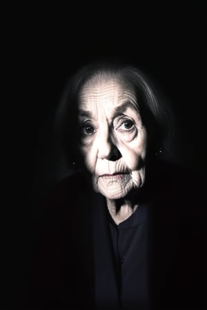 solo, (looking at viewer), facing viewer, surrounded by darkness, fully dark background, emerges from backgorund darkness, slightly lightened face, camera is the weak light source, realistic, old woman, standing still, menacing, unsettling, monochrome, upper body