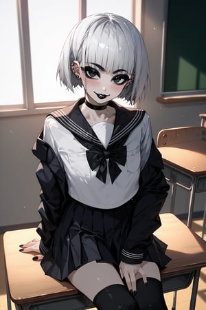 score_9, score_8, score_7, 1girl, solo, big eyes short silver white hair, ear piercing, (blushing), black lipstick, mischievous smile, seductive eyes, (high black stockings), big_boobs, goth, tall, delinquent, black school uniform, choker, bangs on both sides of the face, short skirt, mouth closed, (looking at viewer), indoor, (empty classroom background), seating on school desk, viewed_from_side, dimly lit, sagawa, scenery, black eyes, bob hairstyle, detailed character, thick eyeliner,school uniform