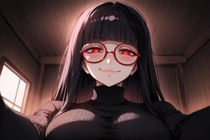 1girl, solo, looking at viewer, blush, shoulder-long hair, bangs, large breasts, black hime cut, (red eyes), dark night room, lust, long sleeves, leaning for the kiss, closed mouth, upper body, black round glasses, indoors, white pupils, sweater, lips, turtleneck, looking down, from below, semi-rimless eyewear, ribbed sweater, red-framed eyewear, under-rim eyewear, turtleneck sweater, black sweater, ceiling, ((seductive look)), lustfull, yandere, (sexy), crazy eyes, obsessed, possessive,dark room, wooden cabin, loving eyes, messy hair, (pinning down viewer), (sinister smile), extreme close up, lie on top of viewer pov, gentle smile, pov form below, scenery,((on top of viewer)), simple background, detailed character, beautiful,eyes half closed, curvy, milf, blushing, (smug),Expressiveh,m0n3t,mirham,Beautiful Eyes,Eyes,uneven eyes,sagawa