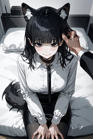 score_9, score_8, score_7, curvy, 1girl, solo, curvy, tall, big blue eyes, long, dark hair, tired, blushing, smiling seductively, big_boobs, pale skin, black dog collar, sitting on bed, fluffy animal ears, (white fluff), black wolf ears, black dog tail, ((white formal shirt)), long sleeves, bang, pov giving a headpat ,viewer's hand on hair,knee long pencil skirt, black tights, mouth closed, (looking at viewer), indoor, (apartment bedroom), from above, viewed_from_side, sagawa, detailed character,Minimalism interior, pov hands