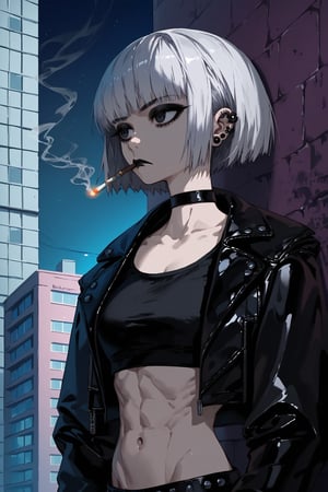 score_9, score_8, score_7, 1girl, solo, big eyes short silver hair, ear piercing, black lipstick, (frown), big_boobs, goth, tall, leather_jacket, choker, upper body, bangs on both sides of the face, black crop top, mouth closed, (looking away), smoking a cigarette, outdoor, (night city corner background), leanin on wall, viewed_from_side, dimly lit, sagawa, scenery, toned stomach, black eyes, bob hairstyle, detailed character, thick eyeliner, wide body