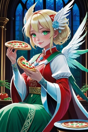 masterpiece, best quality, highres, ccnina, blonde hair, short hair, (floating hair:1.1), hairband, green eyes, white wings, feathered wings, red dress, brooch, puffy sleeves, bracelet, smile, eating, pizza, indoor, sitting, upper body, open mouth,
