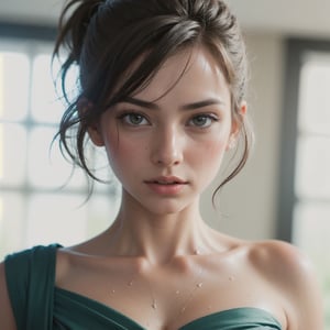 (best quality,  masterpiece,  photorealistic,  highly detailed),  young,  girl,  one-quarter portrait,  naked,  nude,  photograph,  androgynous hunnuman,  oval jaw,  delicate features,  beautiful face,  long bangs,  ponytail,  bright blue-green eyes,  hindu art,  Korean,  (looking_at_viewer:1.38),  in_bed,  perfect body,  (open dress:1.45),  (soaking_wet:1.05), (wet_hair:1.4, sweaty:1.25),  looking_up_at_viewer,  keyword:ramona, messy hair, angry eyes, slight smirk, (she is looking at the viewer),
