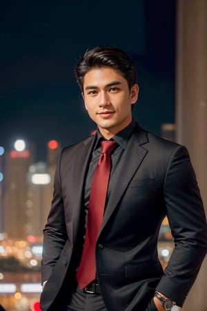 Transport yourself into the world of a 23-year-old Indonesian and European crossbreed gentleman preparing for a photoshoot. Picture him dressed in a sharp black suit paired with a striking red tie, standing against the backdrop of a dazzling cityscape at night.
Imagine a city night scene in the style of Hokusai, where skyscrapers twinkle with distant lights. An intricately detailed illustration, utilizing a deep color palette to emphasize the urban sprawl. The night sky painted with delicate strokes, capturing the enchantment of a bustling city night,  The ultra-detailed full-body shot, captured in a photorealistic studio setting, features a plain white background illuminated by bright white lighting, ensuring no yellow light interferes.

Marvel at the meticulous craftsmanship of this masterpiece, rated at 1.5, showcasing the best quality and extreme realism. Every detail is razor-sharp, with a focus on the handsome gentleman's face, which is perfect, slightly muscular, and exudes masculinity.

Visualize the subject's attributes: standing at a height of 180 cm, fit, with light brown skin that complements his Asian skintone. His black hair, neatly parted to the left, adds an element of sophistication, along with freckless, dark brown eyes, a mischievous smile, and an oval face with slightly chubby features.

The camera settings for this vibrant and detailed image include the Canon EOS 5D Mark IV, equipped with an 85mm f/1.8 lens, set at f/4.0, ISO 100, and a shutter speed of 1/500 sec. The result is an extremely realistic portrayal, capturing the essence of a handsome man against the enchanting backdrop of a city bathed in the glow of nighttime lights.