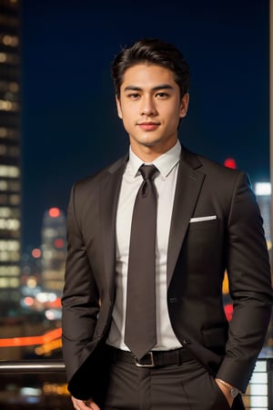 Transport yourself into the world of a 23-year-old Indonesian and European crossbreed gentleman preparing for a photoshoot. Picture him dressed in a sharp black suit paired with a striking red tie, standing outdoor against the backdrop of a dazzling cityscape at night.
Imagine a city night scene in the style of Hokusai, where skyscrapers twinkle with distant lights. An intricately detailed illustration, utilizing a deep color palette to emphasize the urban sprawl. The night sky painted with delicate strokes, capturing the enchantment of a bustling city night,  The ultra-detailed full-body shot, captured in a photorealistic studio setting, features a plain white background illuminated by bright white lighting, ensuring no yellow light interferes just bright white lighting

Marvel at the meticulous craftsmanship of this masterpiece, rated at 1.5, showcasing the best quality and extreme realism. Every detail is razor-sharp, with a focus on the handsome gentleman's face, which is perfect, slightly muscular, and exudes masculinity.

Visualize the subject's attributes: standing at a height of 180 cm, fit, with light brown skin that complements his Asian skintone. His black hair, neatly parted to the left, adds an element of sophistication, along with freckless, dark brown eyes, a mischievous smile, and an oval face with slightly chubby features.

The camera settings for this vibrant and detailed image include the Canon EOS 5D Mark IV, equipped with an 85mm f/1.8 lens, set at f/4.0, ISO 100, and a shutter speed of 1/500 sec. The result is an extremely realistic portrayal, capturing the essence of a handsome man against the enchanting backdrop of a city bathed in the glow of nighttime lights.