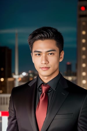 Picture a 23-year-old Indonesian-European crossbreed gentleman in a black suit and red tie, posed for a studio photoshoot. The photorealistic full-body shot showcases him against a plain white background, brilliantly lit with bright white lighting – no distractions. The focus is on the gentleman's sharp attire and presence, ensuring perfect clarity and detail

Marvel at the meticulous craftsmanship of this masterpiece, rated at 1.5, showcasing the best quality and extreme realism. Every detail is razor-sharp, with a focus on the handsome gentleman's face, which is perfect, slightly muscular, and exudes masculinity.

Visualize the subject's attributes: standing at a height of 180 cm, fit, with light brown skin that complements his Asian skintone. His black hair, neatly parted to the left, adds an element of sophistication, along with freckless, dark brown eyes, a mischievous smile, and an oval face with slightly chubby features.

The camera settings for this vibrant and detailed image include the Canon EOS 5D Mark IV, equipped with an 85mm f/1.8 lens, set at f/4.0, ISO 100, and a shutter speed of 1/500 sec. The result is an extremely realistic portrayal, capturing the essence of a handsome man against the enchanting backdrop of a city bathed in the glow of nighttime lights.