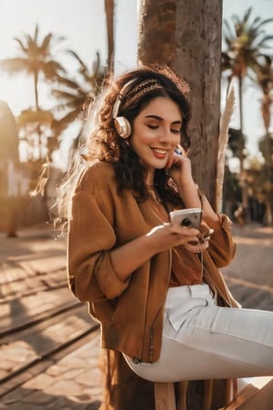 realistic photo of beautiful 20 year old latina girl with long brown hair listening to music through her mobile phone 