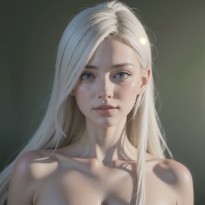 (2girls, best quality,  masterpiece,  photorealistic,  highly detailed),  young,  girl,  naked,  nude,  photograph,  androgynous hunnuman,  oval jaw,  delicate features,  beautiful face,  (long bangs:1.399, 1 very long bang, ponytail:1.399),  bright blue eyes, half_Asian_American,  (white hair:1.4), (looking_at_viewer:1.6999),  in_bed,  perfect body,  looking_up_at_viewer, slight smirk, she is beautiful as a princess, she is white haired American, (she is smirking:1.1), she is 15 years old, 
