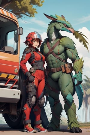 Quetzal woman wearing rescue helmet and red uniform standing next to his rescue vehicle. female character