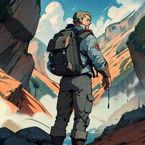 Adventurous human-bison looking at the mountains landscape, with his backpack and rescue suit,Laios Touden