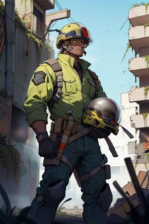 Gekko wearing a rescue uniform and helmet, with his demolition tools in his hands. Mexican traits