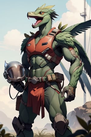 Quetzal wearing rescue helmet and red uniform standing next to his rescue vehicle. female character