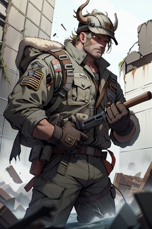 Bison wearing rescue uniform and helmet, with his demolition tools in his hands
