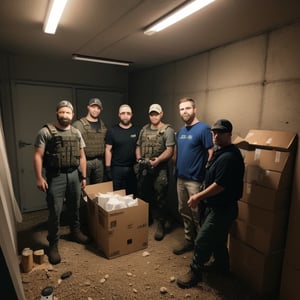 a group of four preppers in their bunker full of supplies and flashlights