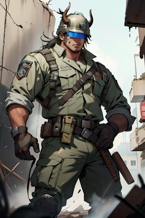 Bison wearing rescue uniform and helmet, with his demolition tools in his hands. Mexican traits
