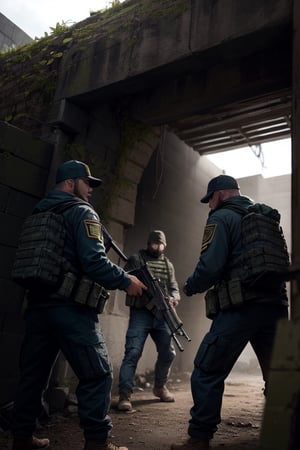 four preppers ready to defend their bunker from an attack