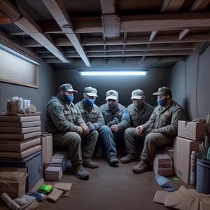 a group of four preppers in their bunker full of supplies and flashlights