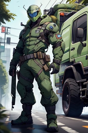 Gekko wearing rescue helmet and uniform standing next to his rescue vehicle.