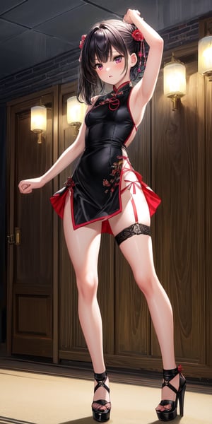 Masterpiece, best quality, official_art, wallpaper, 1girl, tall,  dynamic lighting, sexy pose, 13 years old, cute tight cheongsam, show underwear, upskirting, small boob, white underwear, black stocking, fighting_stance, show full body, high heels, backward walkover with change of legs, angry, skinny