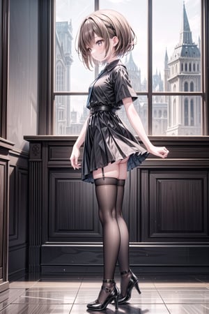 1girl, solo, short hair, brown hair, shirt, thighhighs, standing, full body, short sleeves, black thighhighs, indoors, black footwear, high heels, from side, zettai ryouiki, black shirt, black underwear