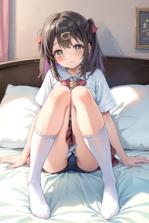 //Quality,
masterpiece, best quality
,//Character,
1girl, solo, 12 years old cute girl

,//Others,
wrinkled clothes
underwear
white stocking


Lying on bed 
show legs
oyama_mihari