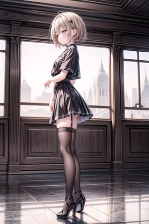 1girl, solo, short hair, brown hair, shirt, thighhighs, standing, full body, short sleeves, black thighhighs, indoors, black footwear, high heels, from side, zettai ryouiki, black shirt