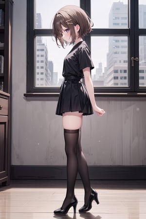 1girl, solo, short hair, brown hair, shirt, thighhighs, standing, full body, short sleeves, black thighhighs, indoors, black footwear, high heels, from side, zettai ryouiki, black shirt, stretching