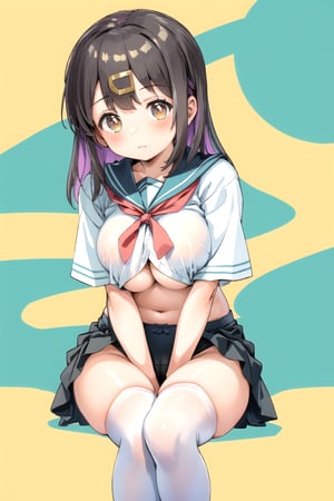 //Quality,
masterpiece, best quality
,//Character,
1girl, solo, 12 years old cute girl

,//Others,
wrinkled clothes
Student uniform 
white stocking
Sexy
Big boob
Black underwear
Crouching
show legs
oyama_mihari