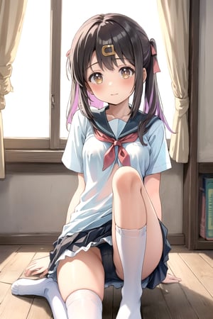 //Quality,
masterpiece, best quality
,//Character,
1girl, solo, 12 years old cute girl

,//Others,
wrinkled clothes
Student uniform 
white stocking
Sexy
Small boob
Black underwear
Crouching
show legs
oyama_mihari