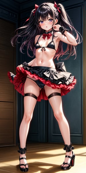 Masterpiece, best quality, official_art, wallpaper, 1girl, tall,  dynamic lighting, sexy pose, 9 years old, cute tight loli bikini, loli, show underwear, upskirting, small boob, black underwear, black stocking, fighting_stance, show full body, high heels, backward walkover with change of legs, angry, fighting, no dress, Korean girl