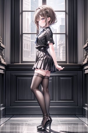 1girl, solo, short hair, brown hair, shirt, thighhighs, standing, full body, short sleeves, black thighhighs, indoors, black footwear, high heels, from side, zettai ryouiki, black shirt