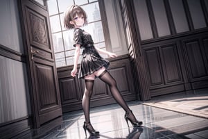 1girl, solo, short hair, brown hair, shirt, thighhighs, standing, full body, short sleeves, black thighhighs, indoors, black footwear, high heels, from side, zettai ryouiki, black shirt