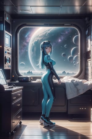 (masterpiece), science fiction, scenery,  1girl, short hair, bangs, aqua hair color, light blue eyes, mecha headgear, sci-fi bodysuits, In the space station room of the universe, The girl is 18 years old, with big eyes, a pear-shaped figure, beautiful and moving. She is wearing a tight-fitting dress full of technology, science fiction, future technology headphones, bracelets, cyberpunk style. The room is full of high-tech electronic equipment, and the bed is close to the floor-to-ceiling glass, where you can see the galaxy and the distant earth through the window. Highly detailed, in the style of Makoto Shinkai’s movies. 8K, big boob, show boob, stretching