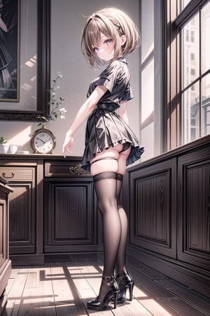 1girl, solo, short hair, brown hair, shirt, thighhighs, standing, full body, short sleeves, black thighhighs, indoors, black footwear, high heels, from side, zettai ryouiki, black shirt, black underwear