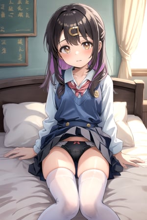 //Quality,
masterpiece, best quality
,//Character,
1girl, solo, 12 years old cute girl

,//Others,
wrinkled clothes
Student uniform 
white stocking

Black underwear
Lying on bed 
show legs
oyama_mihari