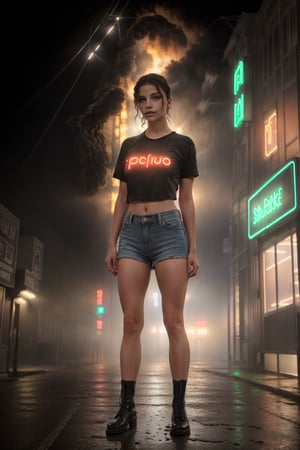 SkpFace, Solo. Woman, realistic, combat boots,  shor shorts, croped shirt, fullbody_shot, perfect face, cute eyes, hands on hips, looking at viewer, cinematic light, raining

((standing, neon lights, glowing in the dark,, ruins city scape, fire, smoke, fog, black dark background, (cold colors), damp, moist, reflections, (masterpiece) (perfect proportion)(realistic photo), (best quality), (detailed), (amoled neon lighting), (sharp focus) (intricate), Neon Light,neon photography style)),photorealistic