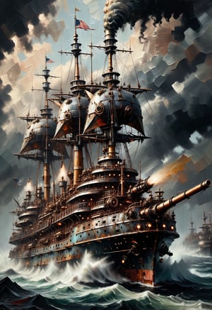 An imaginative and impressionist depiction of a steam punk, tattered, and battle-worn appearance of a large ship, with vibrant, focused brushstrokes capturing every detail. A focused impressionist image where every brushstroke is sharp and clear. Color palette blends muted, earthy tones with vibrant accents, enhancing the depth and atmosphere of the scene. Every detail in the image in sharp focus. Distinct forms and shapes in the background should suggest a looming storm.,SteamPunkNoireAI,palette knife painting,tpship